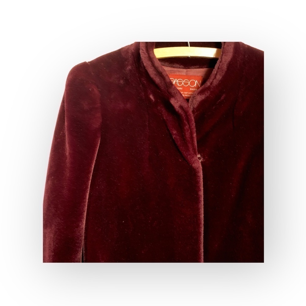 Vintage Sasson Maroon Plush Faux Fur Mob Wife Coat with Puff Sleeves - Size 16 - Picture 8 of 11